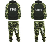 將圖片載入圖庫檢視器 King and Queen matching top and bottom set, Camo Green hoodie and sweatpants sets for mens, camo hoodie and jogger set womens. Couple matching camo jogger pants.