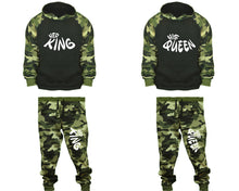 Load image into Gallery viewer, Her King and His Queen matching top and bottom set, Camo Green hoodie and sweatpants sets for mens, camo hoodie and jogger set womens. Couple matching camo jogger pants.