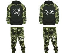 將圖片載入圖庫檢視器 King and Queen matching top and bottom set, Camo Green hoodie and sweatpants sets for mens, camo hoodie and jogger set womens. Couple matching camo jogger pants.