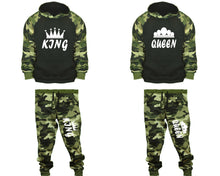 將圖片載入圖庫檢視器 King and Queen matching top and bottom set, Camo Green hoodie and sweatpants sets for mens, camo hoodie and jogger set womens. Couple matching camo jogger pants.