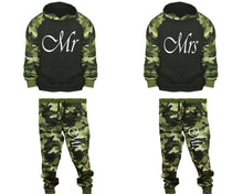 Load image into Gallery viewer, Mr and Mrs matching top and bottom set, Camo Green hoodie and sweatpants sets for mens, camo hoodie and jogger set womens. Couple matching camo jogger pants.