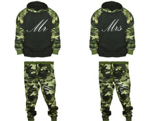 Load image into Gallery viewer, Mr and Mrs matching top and bottom set, Camo Green hoodie and sweatpants sets for mens, camo hoodie and jogger set womens. Couple matching camo jogger pants.