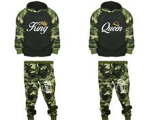 將圖片載入圖庫檢視器 King and Queen matching top and bottom set, Camo Green hoodie and sweatpants sets for mens, camo hoodie and jogger set womens. Couple matching camo jogger pants.