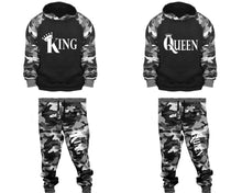 將圖片載入圖庫檢視器 King and Queen matching top and bottom set, Camo Grey hoodie and sweatpants sets for mens, camo hoodie and jogger set womens. Couple matching camo jogger pants.