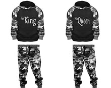 Load image into Gallery viewer, Her King and His Queen matching top and bottom set, Camo Grey hoodie and sweatpants sets for mens, camo hoodie and jogger set womens. Couple matching camo jogger pants.