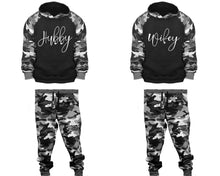 將圖片載入圖庫檢視器 Hubby and Wifey matching top and bottom set, Camo Grey hoodie and sweatpants sets for mens, camo hoodie and jogger set womens. Couple matching camo jogger pants.