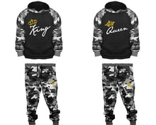 將圖片載入圖庫檢視器 King and Queen matching top and bottom set, Camo Grey hoodie and sweatpants sets for mens, camo hoodie and jogger set womens. Couple matching camo jogger pants.