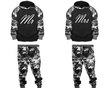 Load image into Gallery viewer, Mr and Mrs matching top and bottom set, Camo Grey hoodie and sweatpants sets for mens, camo hoodie and jogger set womens. Couple matching camo jogger pants.