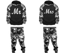 Load image into Gallery viewer, Mr and Mrs matching top and bottom set, Camo Grey hoodie and sweatpants sets for mens, camo hoodie and jogger set womens. Couple matching camo jogger pants.