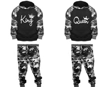 將圖片載入圖庫檢視器 King and Queen matching top and bottom set, Camo Grey hoodie and sweatpants sets for mens, camo hoodie and jogger set womens. Couple matching camo jogger pants.