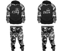 將圖片載入圖庫檢視器 King and Queen matching top and bottom set, Camo Grey hoodie and sweatpants sets for mens, camo hoodie and jogger set womens. Couple matching camo jogger pants.