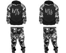 Load image into Gallery viewer, Mr and Mrs matching top and bottom set, Camo Grey hoodie and sweatpants sets for mens, camo hoodie and jogger set womens. Couple matching camo jogger pants.