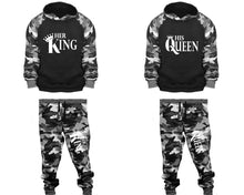 將圖片載入圖庫檢視器 Her King and His Queen matching top and bottom set, Camo Grey hoodie and sweatpants sets for mens, camo hoodie and jogger set womens. Couple matching camo jogger pants.