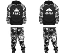 將圖片載入圖庫檢視器 King and Queen matching top and bottom set, Camo Grey hoodie and sweatpants sets for mens, camo hoodie and jogger set womens. Couple matching camo jogger pants.