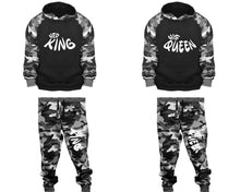 Load image into Gallery viewer, Her King and His Queen matching top and bottom set, Camo Grey hoodie and sweatpants sets for mens, camo hoodie and jogger set womens. Couple matching camo jogger pants.