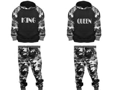 將圖片載入圖庫檢視器 King and Queen matching top and bottom set, Camo Grey hoodie and sweatpants sets for mens, camo hoodie and jogger set womens. Couple matching camo jogger pants.