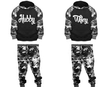 將圖片載入圖庫檢視器 Hubby and Wifey matching top and bottom set, Camo Grey hoodie and sweatpants sets for mens, camo hoodie and jogger set womens. Couple matching camo jogger pants.
