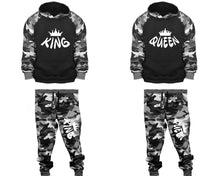 Load image into Gallery viewer, King and Queen matching top and bottom set, Camo Grey hoodie and sweatpants sets for mens, camo hoodie and jogger set womens. Couple matching camo jogger pants.