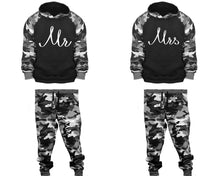Load image into Gallery viewer, Mr and Mrs matching top and bottom set, Camo Grey hoodie and sweatpants sets for mens, camo hoodie and jogger set womens. Couple matching camo jogger pants.