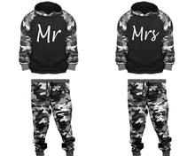 Load image into Gallery viewer, Mr and Mrs matching top and bottom set, Camo Grey hoodie and sweatpants sets for mens, camo hoodie and jogger set womens. Couple matching camo jogger pants.