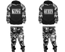 將圖片載入圖庫檢視器 King and Queen matching top and bottom set, Camo Grey hoodie and sweatpants sets for mens, camo hoodie and jogger set womens. Couple matching camo jogger pants.
