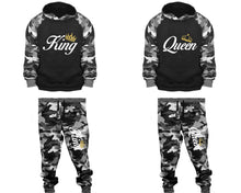 將圖片載入圖庫檢視器 King and Queen matching top and bottom set, Camo Grey hoodie and sweatpants sets for mens, camo hoodie and jogger set womens. Couple matching camo jogger pants.