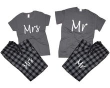 Load image into Gallery viewer, Mr and Mrs matching couple top bottom sets.Couple shirts, Charcoal Black_Charcoal flannel pants for men, flannel pants for women. Couple matching shirts.