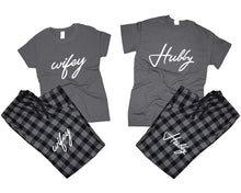 Load image into Gallery viewer, Hubby and Wifey matching couple top bottom sets.Couple shirts, Charcoal Black_Charcoal flannel pants for men, flannel pants for women. Couple matching shirts.
