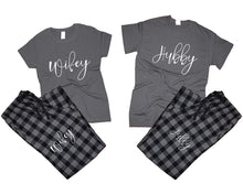 Load image into Gallery viewer, Hubby and Wifey matching couple top bottom sets.Couple shirts, Charcoal Black_Charcoal flannel pants for men, flannel pants for women. Couple matching shirts.