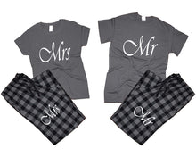 Load image into Gallery viewer, Mr and Mrs matching couple top bottom sets.Couple shirts, Charcoal Black_Charcoal flannel pants for men, flannel pants for women. Couple matching shirts.