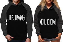 將圖片載入圖庫檢視器 King and Queen raglan hoodies, Matching couple hoodies, Charcoal Black his and hers man and woman contrast raglan hoodies