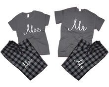 Load image into Gallery viewer, Mr and Mrs matching couple top bottom sets.Couple shirts, Charcoal Black_Charcoal flannel pants for men, flannel pants for women. Couple matching shirts.