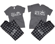 Load image into Gallery viewer, Her King and His Queen matching couple top bottom sets.Couple shirts, Charcoal Black_Charcoal flannel pants for men, flannel pants for women. Couple matching shirts.