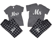 Load image into Gallery viewer, Mr and Mrs matching couple top bottom sets.Couple shirts, Charcoal Black_Charcoal flannel pants for men, flannel pants for women. Couple matching shirts.