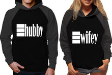 Load image into Gallery viewer, Hubby and Wifey raglan hoodies, Matching couple hoodies, Charcoal Black his and hers man and woman contrast raglan hoodies