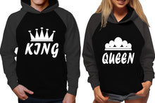 將圖片載入圖庫檢視器 King and Queen raglan hoodies, Matching couple hoodies, Charcoal Black his and hers man and woman contrast raglan hoodies