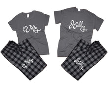 Load image into Gallery viewer, Hubby and Wifey matching couple top bottom sets.Couple shirts, Charcoal Black_Charcoal flannel pants for men, flannel pants for women. Couple matching shirts.