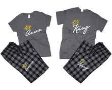 將圖片載入圖庫檢視器 King and Queen matching couple top bottom sets.Couple shirts, Charcoal Black_Charcoal flannel pants for men, flannel pants for women. Couple matching shirts.