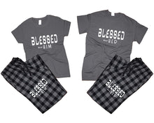 Load image into Gallery viewer, Blessed for Her and Blessed for Him matching couple top bottom sets.Couple shirts, Charcoal Black_Charcoal flannel pants for men, flannel pants for women. Couple matching shirts.