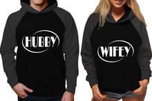 Load image into Gallery viewer, Hubby and Wifey raglan hoodies, Matching couple hoodies, Charcoal Black his and hers man and woman contrast raglan hoodies