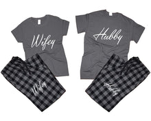 Load image into Gallery viewer, Hubby and Wifey matching couple top bottom sets.Couple shirts, Charcoal Black_Charcoal flannel pants for men, flannel pants for women. Couple matching shirts.
