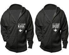 Load image into Gallery viewer, She's My Baby Mama and He's My Baby Daddy zipper hoodies, Matching couple hoodies, Charcoal zip up hoodie for man, Charcoal zip up hoodie womens