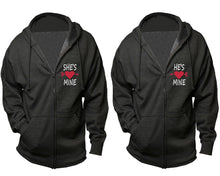Load image into Gallery viewer, She's Mine and He's Mine zipper hoodies, Matching couple hoodies, Charcoal zip up hoodie for man, Charcoal zip up hoodie womens
