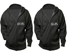 Load image into Gallery viewer, Her King and His Queen zipper hoodies, Matching couple hoodies, Charcoal zip up hoodie for man, Charcoal zip up hoodie womens