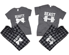 Load image into Gallery viewer, Beast and Beauty matching couple top bottom sets.Couple shirts, Charcoal Black_Charcoal flannel pants for men, flannel pants for women. Couple matching shirts.