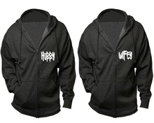 Load image into Gallery viewer, Hubby and Wifey zipper hoodies, Matching couple hoodies, Charcoal zip up hoodie for man, Charcoal zip up hoodie womens
