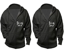Load image into Gallery viewer, She's My Number 1 and He's My Number 1 zipper hoodies, Matching couple hoodies, Charcoal zip up hoodie for man, Charcoal zip up hoodie womens