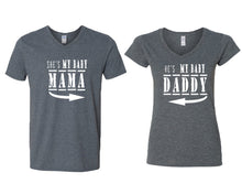 Load image into Gallery viewer, She's My Baby Mama and He's My Baby Daddy matching couple v-neck shirts.Couple shirts, Dark Heather v neck t shirts for men, v neck t shirts women. Couple matching shirts.
