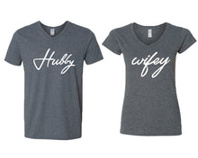 Load image into Gallery viewer, Hubby and Wifey matching couple v-neck shirts.Couple shirts, Dark Heather v neck t shirts for men, v neck t shirts women. Couple matching shirts.