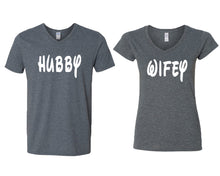 Load image into Gallery viewer, Hubby and Wifey matching couple v-neck shirts.Couple shirts, Dark Heather v neck t shirts for men, v neck t shirts women. Couple matching shirts.